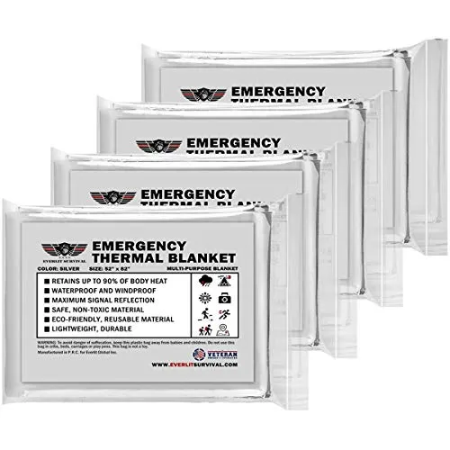 EVERLIT Survival Emergency Mylar Thermal Blanket, Foil Space Blanket Designed for NASA, Body Warmer Blanket for Outdoor, First Aid, Camping Gear, Hiking Travel (Silver, 4 Pack)